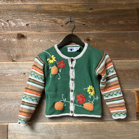 Vtg 90’s Hartstrings Fall Pumpkin Thanksgiving Knit Sweater Sz 6X Cardigan Rare - Picture 1 of 9